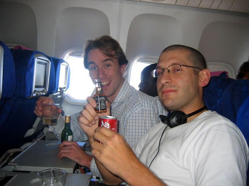 Drinking on the plane, Olaf and Guy